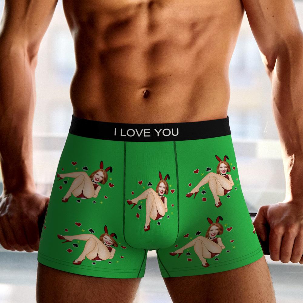 Close-up of personalised face print on Bunny Girl men's boxers — crisp, fade-resistant colours from dye-sublimation printing