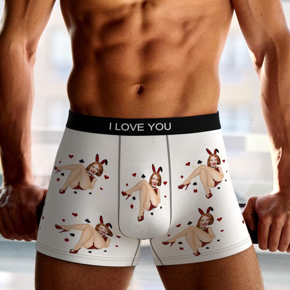 Collection shot of personalised Bunny Girl men's boxers — custom photo underwear with AR view, great Valentine's gift for him