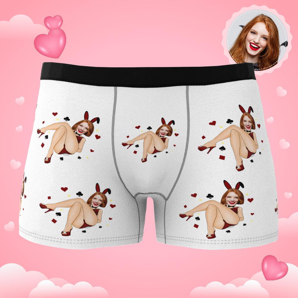 Flat-lay showing sizing and print placement for personalised photo boxer shorts — check measurements for best custom fit