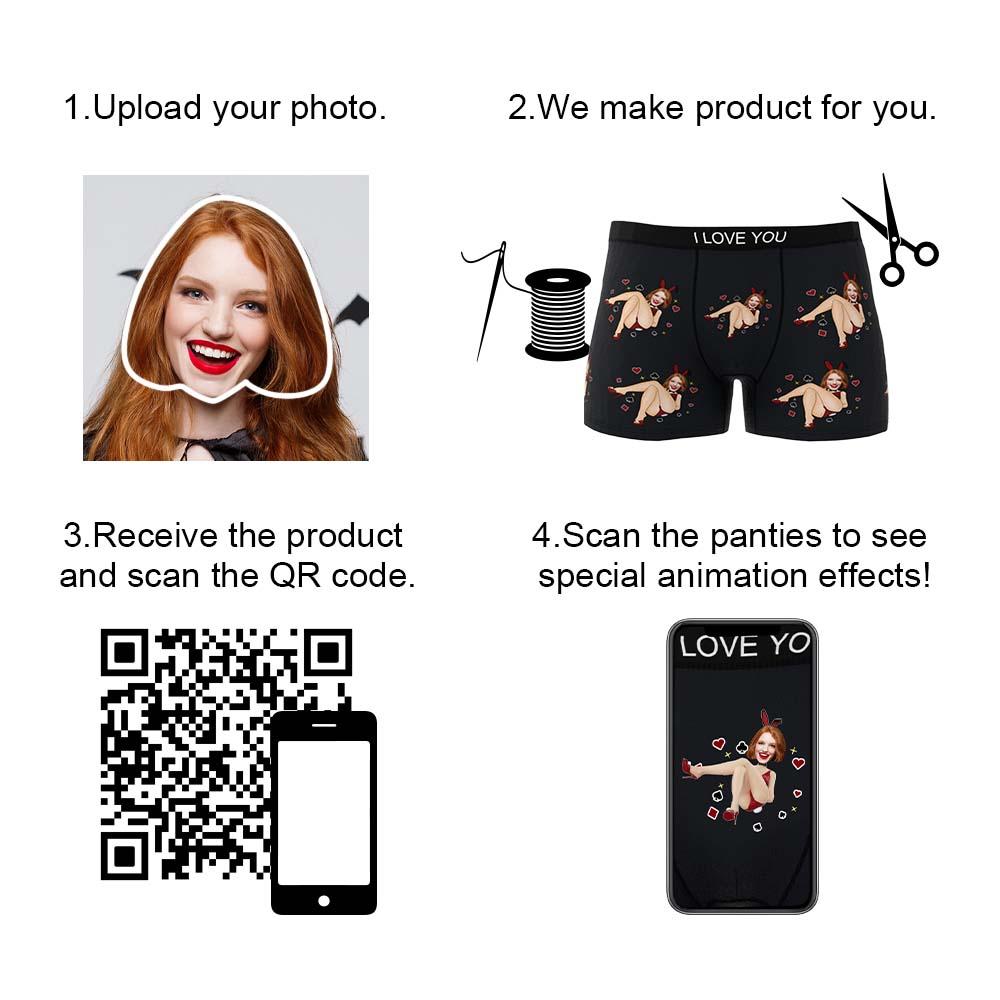 Black Bunny Girl men's boxers personalised with your photo — front view showing custom face print and AR animation preview