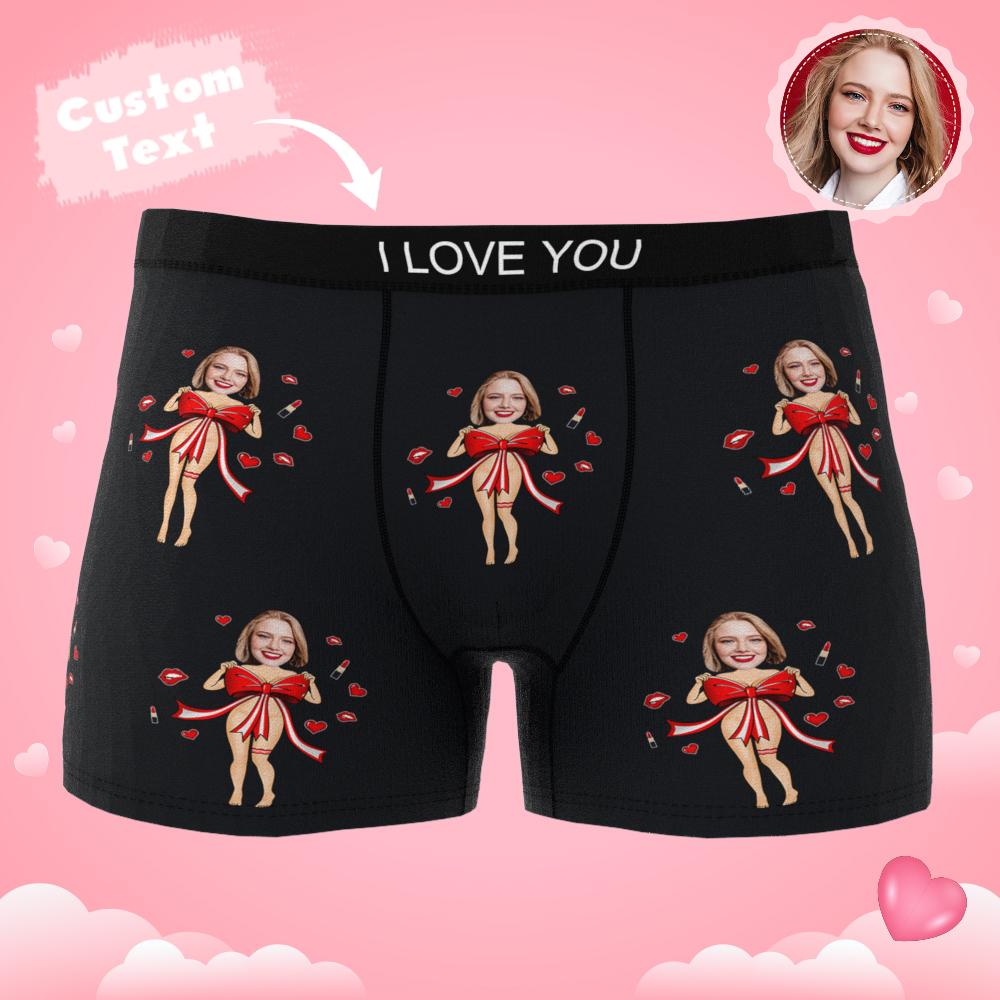 Personalised photo boxers displayed with optional personalised text/music note — customise face, text or audio for novelty gift