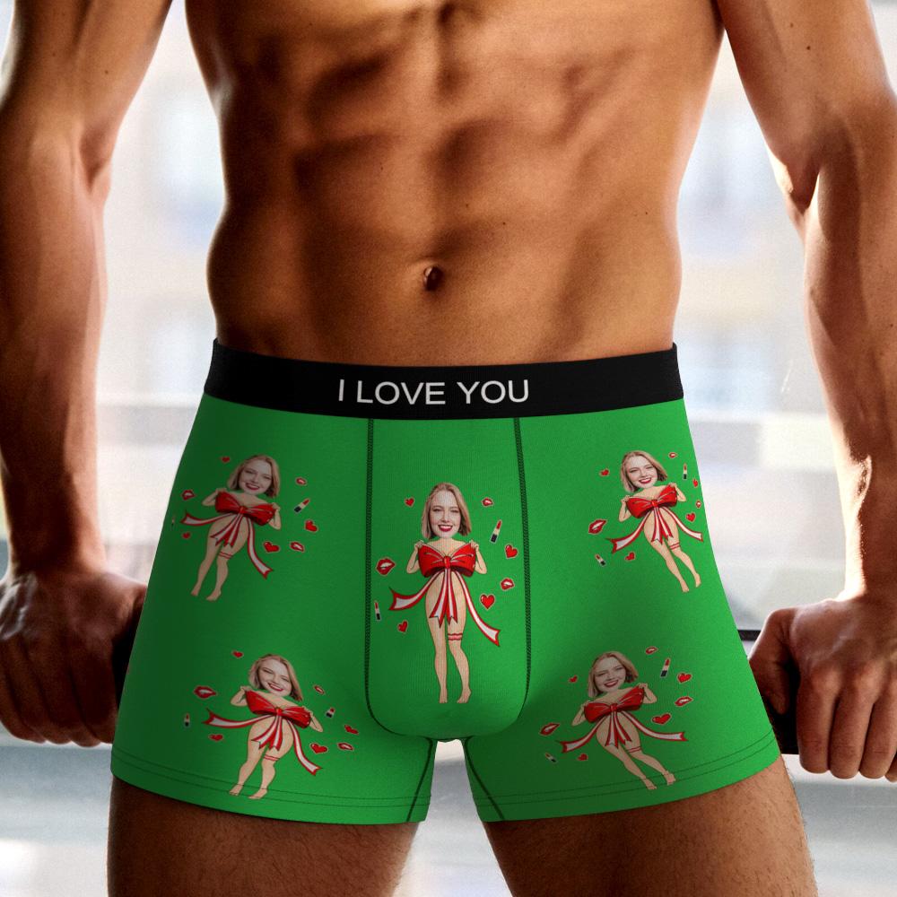 Rear view of black personalised boxers with red bow motif showing comfortable fit and quality stitching