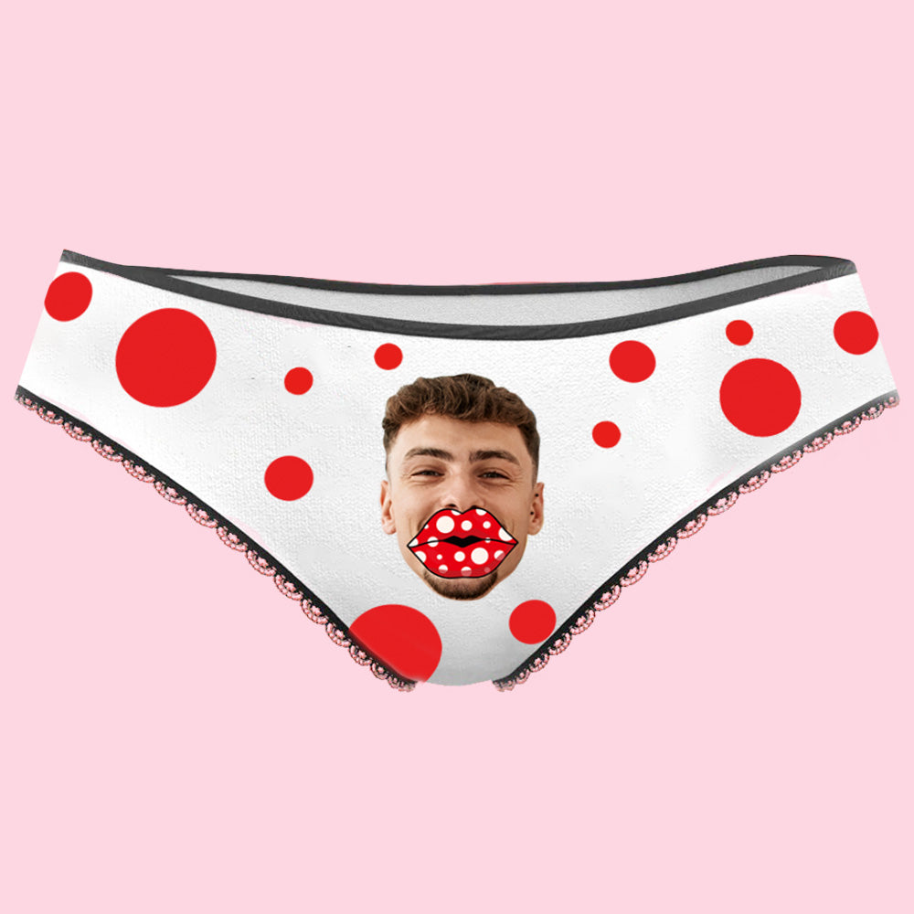 Personalised red lips women's panties — custom printed polyester briefs with low-rise cut and elastic waistband, vivid heat-transfer lip print