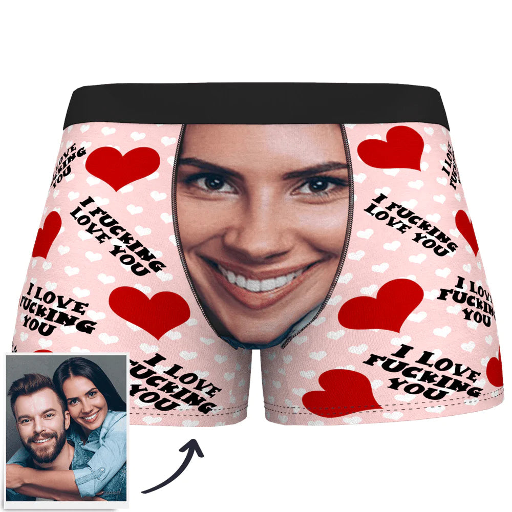 Custom Face Man Boxer Shorts "I Fucking Love You" — personalised men's boxer shorts with cropped face print, soft polyester and vibrant dye-sublimation, ideal novelty gift for husband or boyfriend