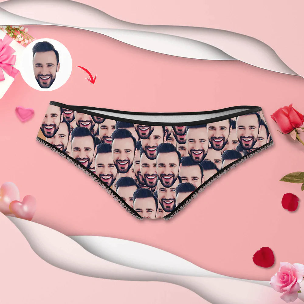 Personalised Custom Face Mash women's panties – front view showing a centred high-definition cropped photo face on soft polyester fleece; vibrant, machine-wash safe photo knickers gift for her