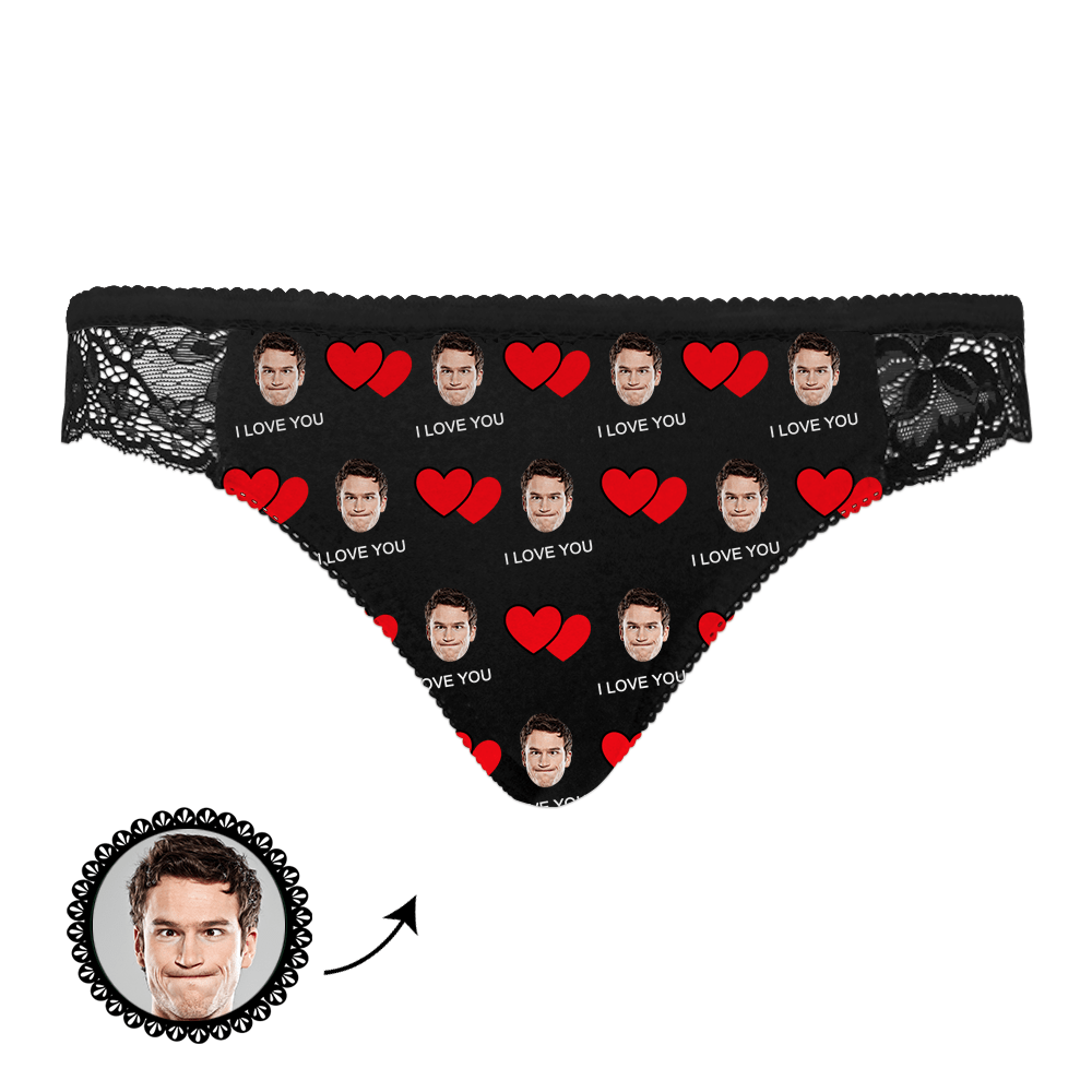 Front view of personalised lace panties with custom face print on 100% soft polyester fleece, soft elastic waistband, ideal personalised gift for lovers