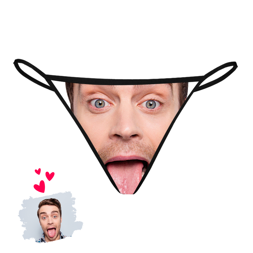 Personalised Photo Thong front view with a custom printed face on soft stretch fabric — sexy personalised underwear gift for her