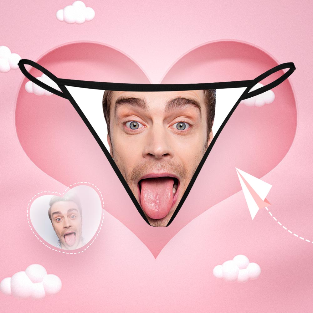 Personalised Photo Thong front view with a custom printed face on soft stretch fabric — sexy personalised underwear gift for her