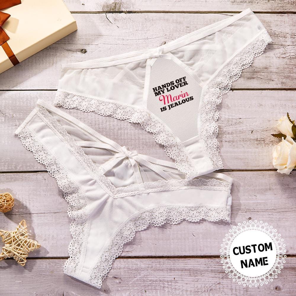 Personalised Name Lace Thong front view in black with sweet bow - custom lace thong gift for wife or bride-to-be