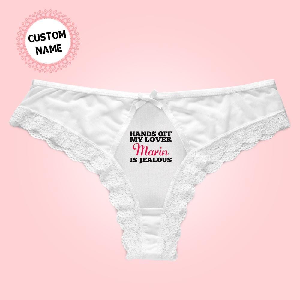 Personalised Name Lace Thong front view in black with sweet bow - custom lace thong gift for wife or bride-to-be