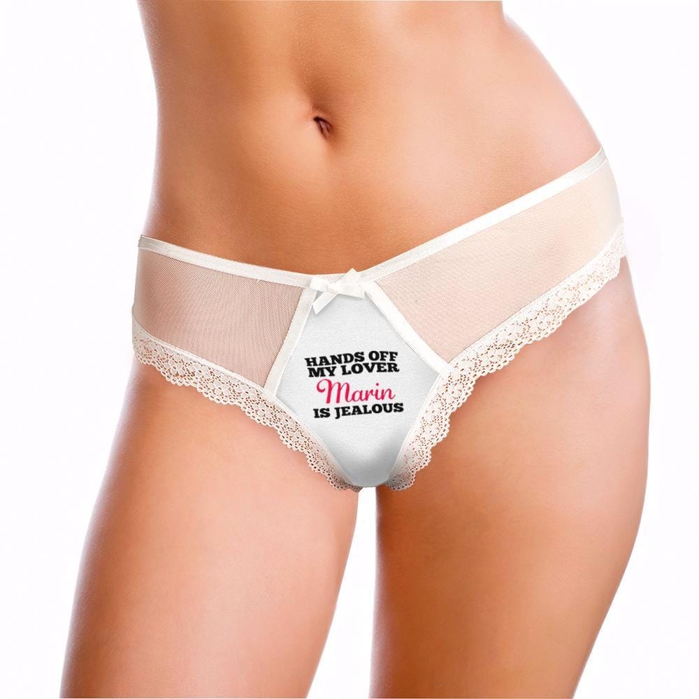 Side and rear view of personalised lace thong showing soft modal and delicate lace trim - custom panties for honeymoon or anniversary