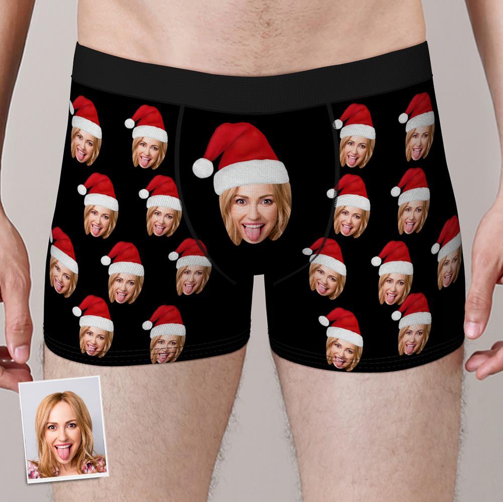 Close-up GIF of personalised face boxers showing soft elastic waistband and printed Christmas hat detail