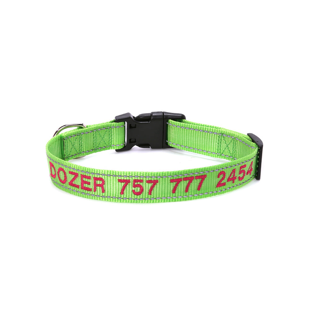 Assorted colour options of personalised reflective dog collars showing custom name and phone number suitable for UK and Australian urban walks