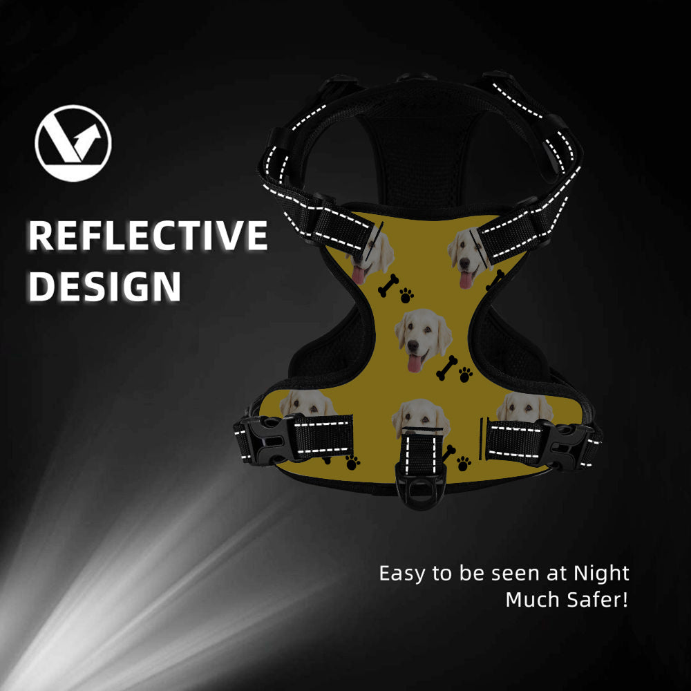 Side view of adjustable personalised no-pull reflective harness highlighting four straps and secure quick-release buckles