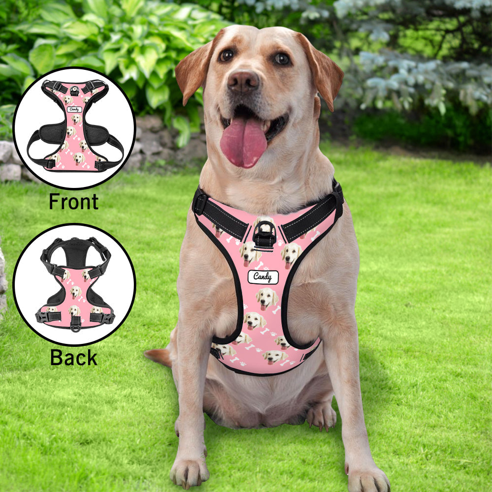 Demonstration of harness adjustment points — four adjustable straps on personalised breathable no-pull reflective vest for perfect fit