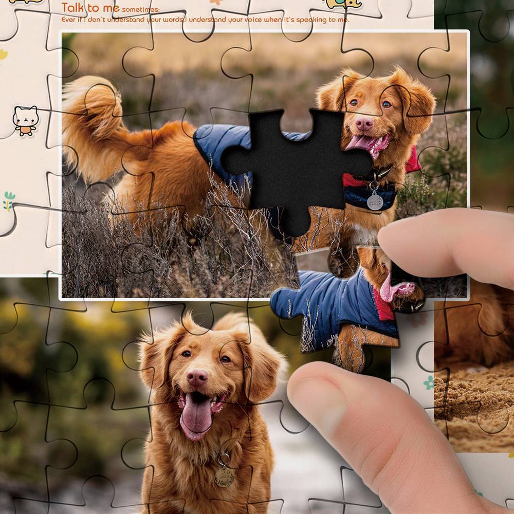 Close-up of personalised pet jigsaw pieces showing UV printing detail and thick, high-quality cardboard with tight fit — showcases print clarity and durable construction