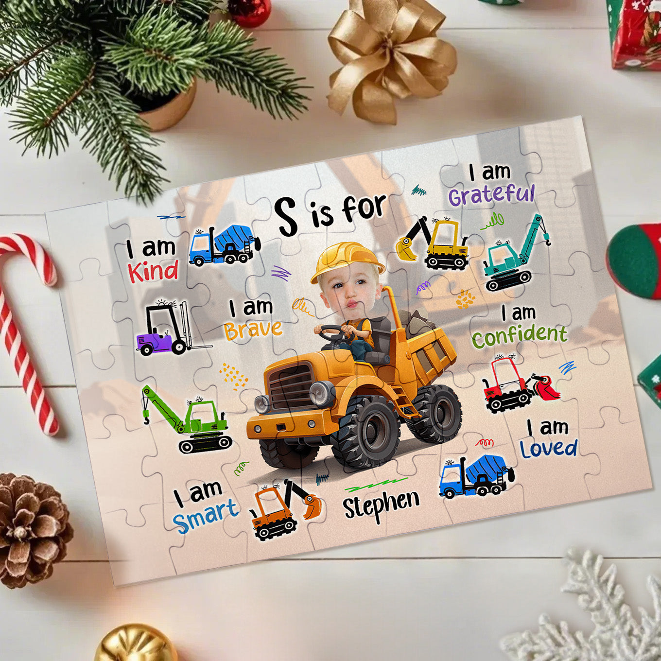 Personalised photo jigsaw puzzle featuring a bright construction truck and a child's portrait, ideal personalised kids' gift to encourage problem‑solving and fine motor skills