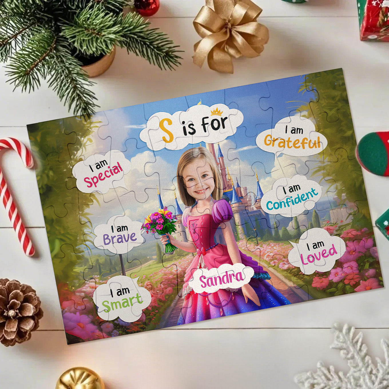 Personalised photo jigsaw puzzle with princess pink dress design and child's portrait — personalised jigsaw puzzle gift for girls and kids, ideal birthday present