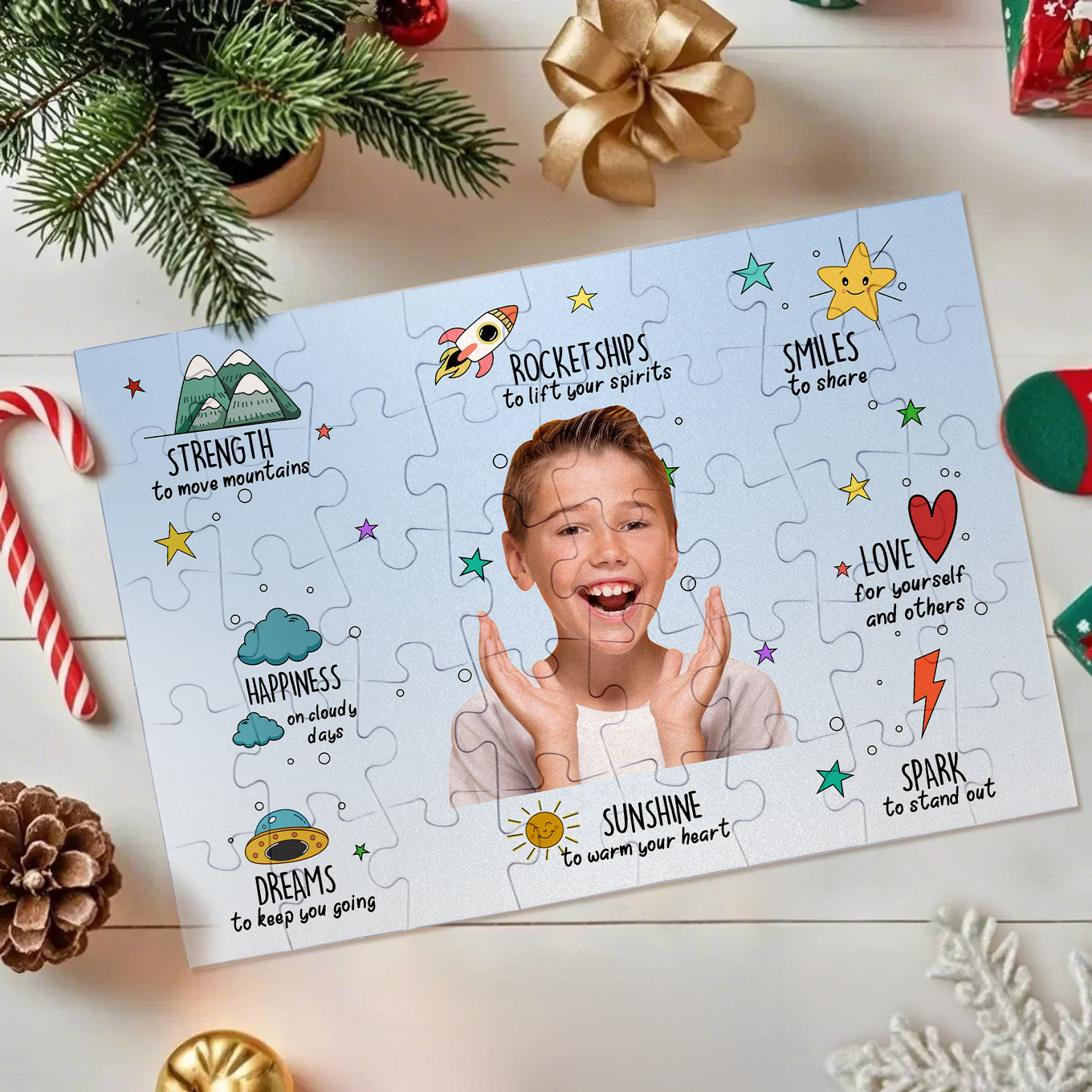 Flatlay of paper jigsaw puzzle pieces and personalised photo with prayer text, showing cut detail and vibrant print quality for classroom or party gifts
