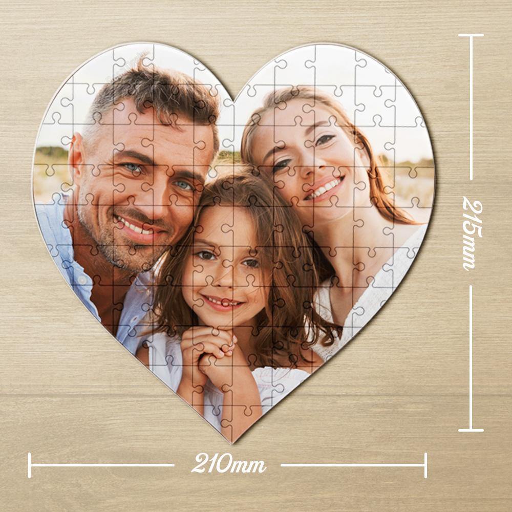 Close-up of personalised heart-shaped 75-piece puzzle showing snug-fitting pieces and vivid UV printing for crisp, saturated colour on durable cardboard