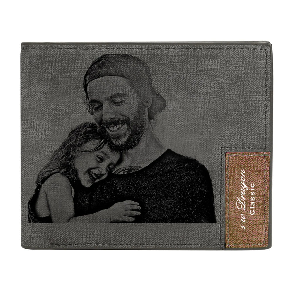 Hand holding a personalised grey bifold wallet with custom photo, thoughtful Father's Day gift or memorial gift