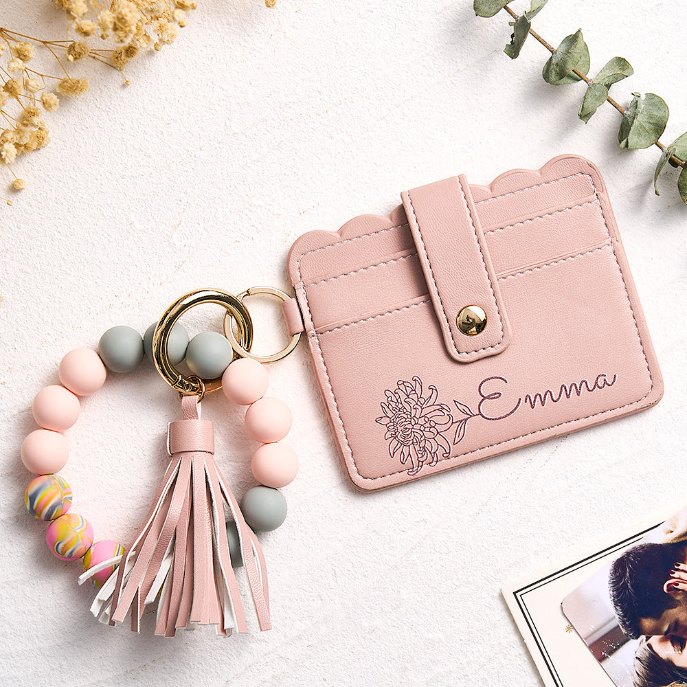Size comparison of personalised birth flower PU leather wallet measuring 4.2 x 3.4 inches, ideal small purse accessory