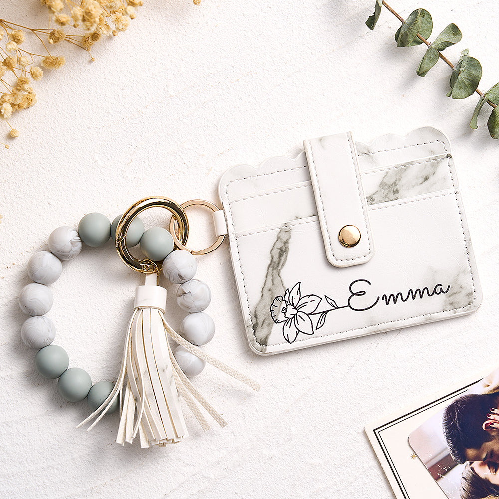 Personalised birth flower PU leather wallet with detachable beaded bracelet – compact floral card wallet for her