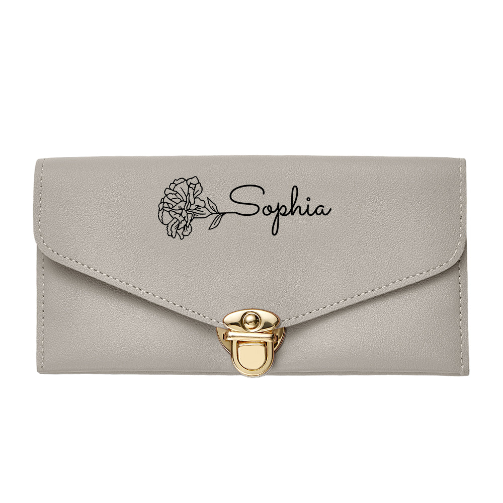 Metal turn clasp lock detail on personalised PU leather birth flower wallet – secure stylish closure