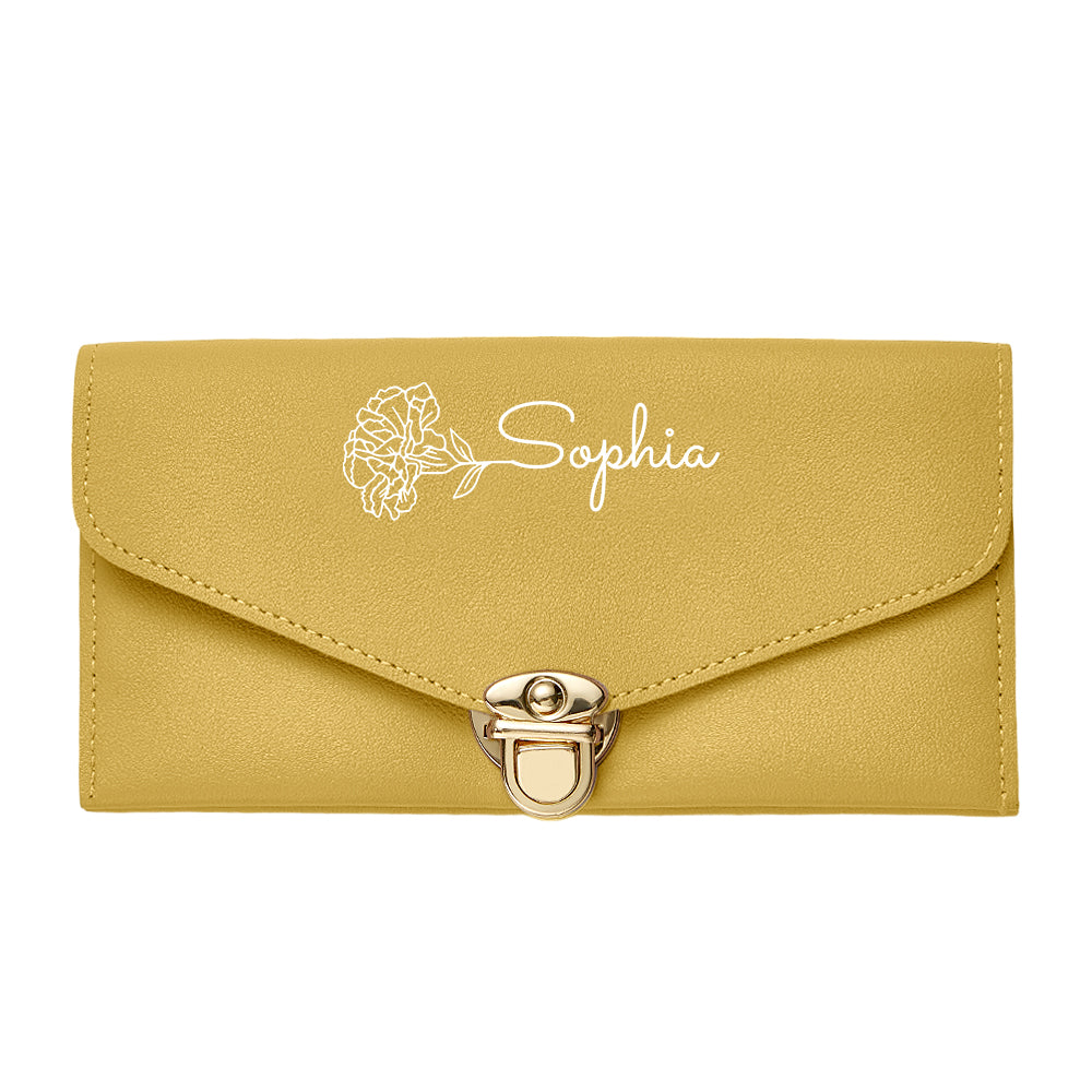 Compact personalised PU leather wallet held in hand to show 7.6×3.5 inch size and portability