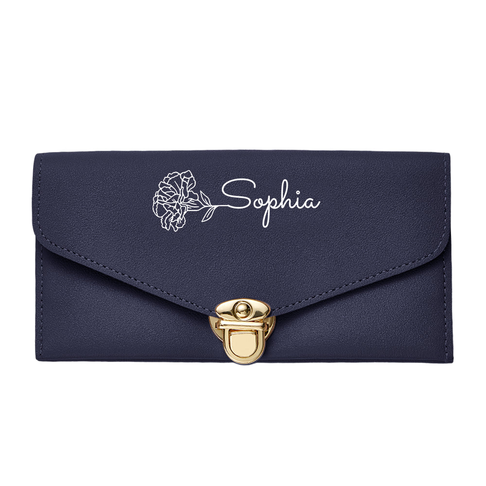 Personalised birth flower wallet displayed with matching handbag – stylish Mother's Day or birthday gift for her
