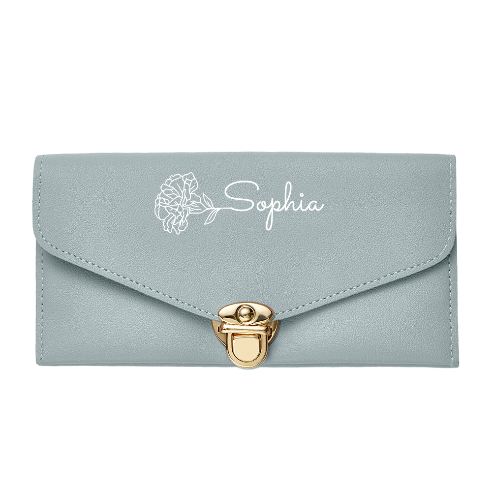 PU leather texture and neat stitching close-up on personalised birth flower wallet – durable premium finish