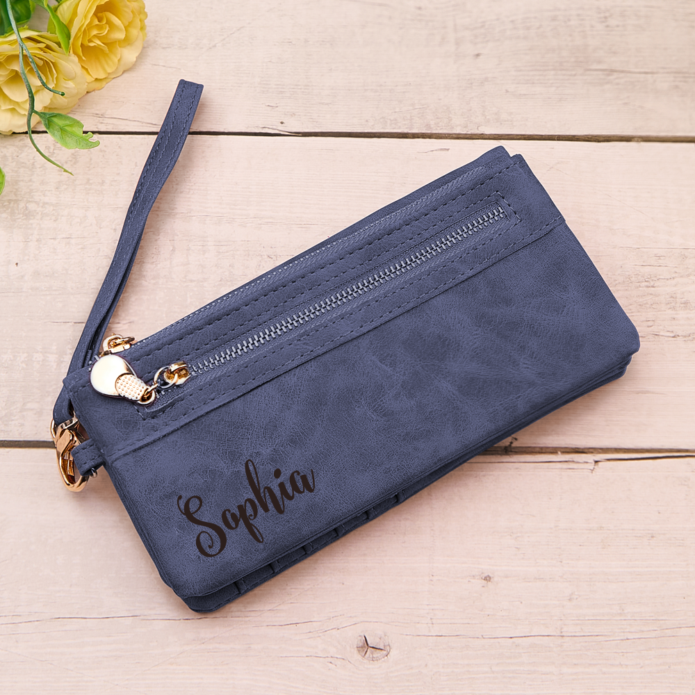 Personalised Leather Wallet with Wristlet - Custom Text Engraved Gift for Women