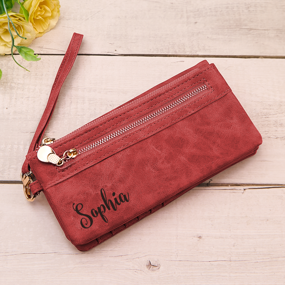 Personalised Leather Wallet with Wristlet - Custom Text Engraved Gift for Women