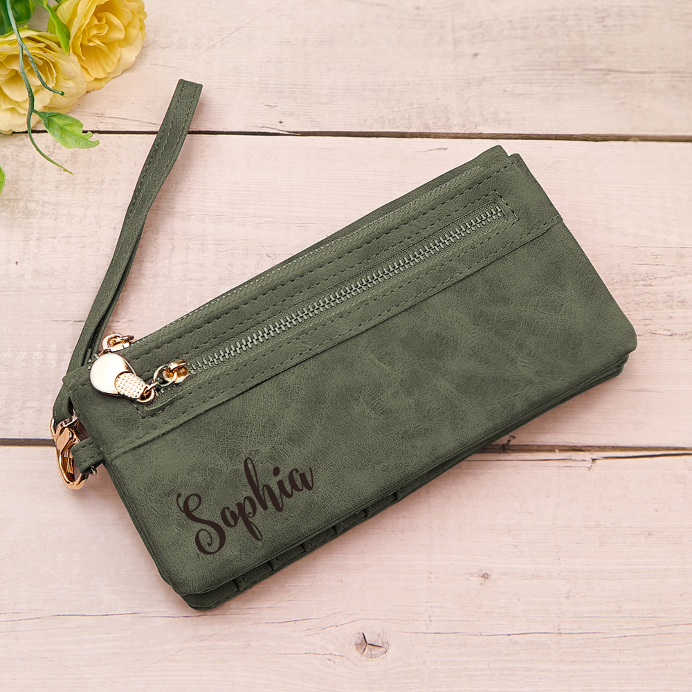 Personalised Leather Wallet with Wristlet - Custom Text Engraved Gift for Women