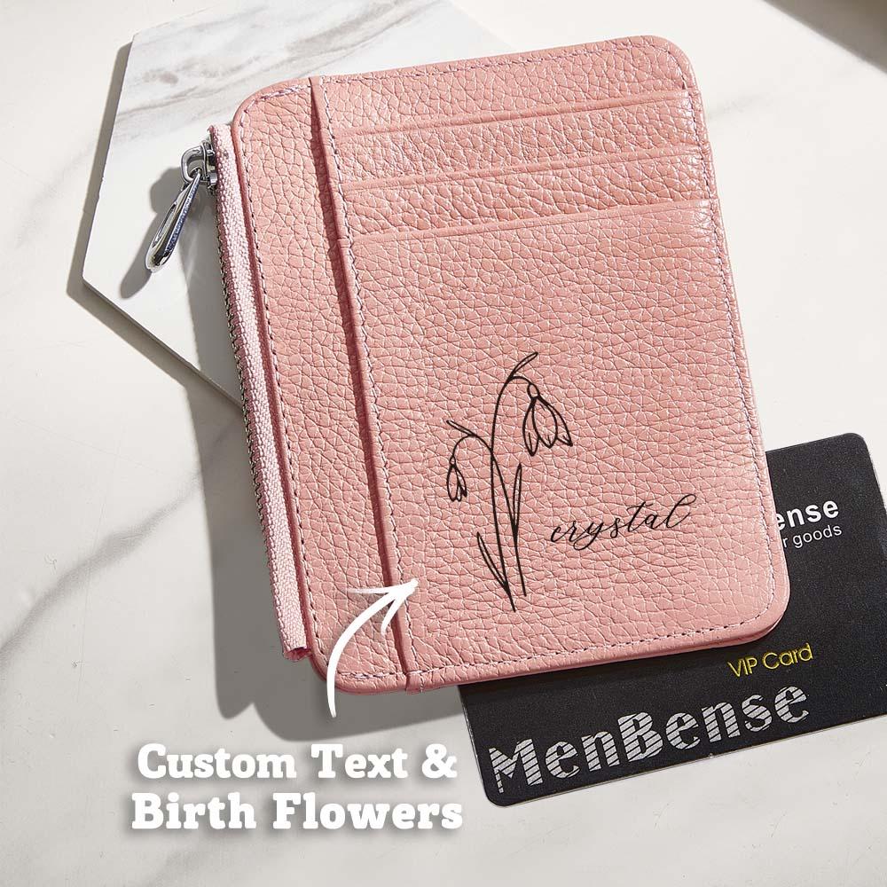 Personalised Birth Flower PU Leather Wallet with Name — 8 Card Slots Compact Gift for Her