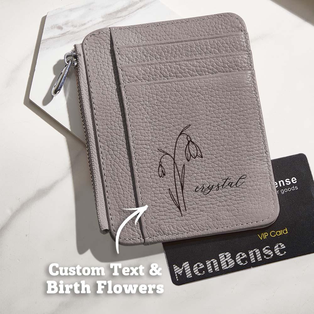 Lifestyle shot of personalised birth flower PU leather wallet inside a handbag — stylish compact personalised gift for her