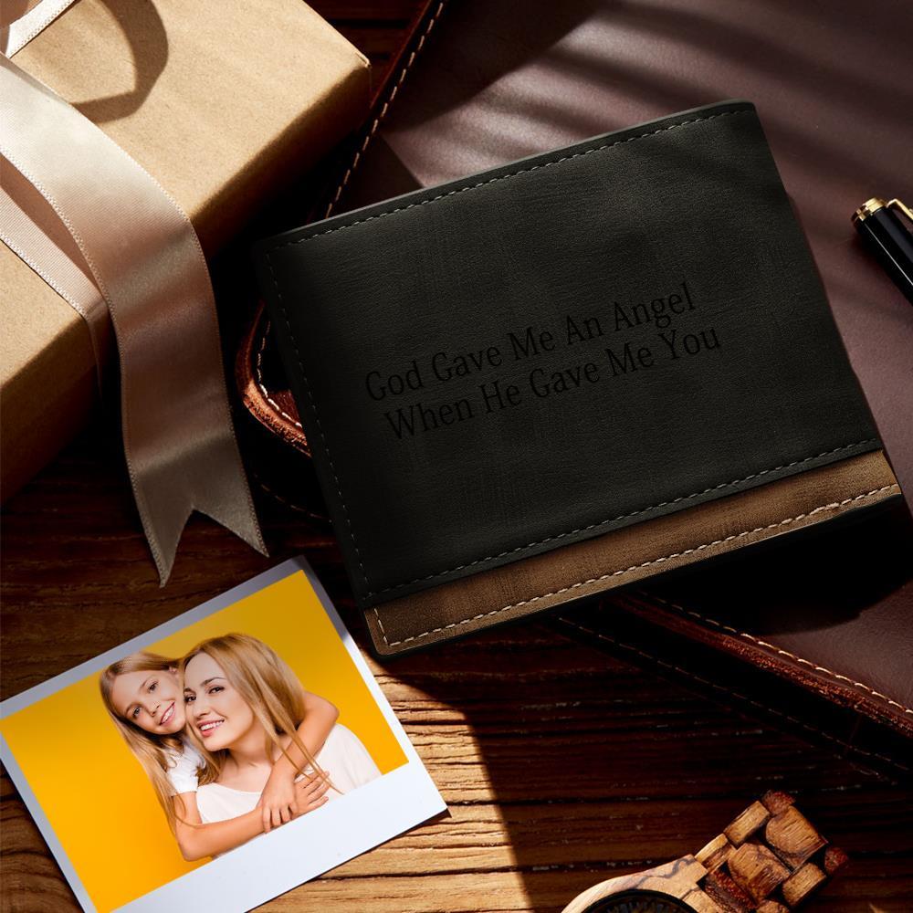 Personalised photo engraved classic leather bi-fold wallet for men shown closed with permanent photo engraving — ideal Father’s Day or anniversary gift
