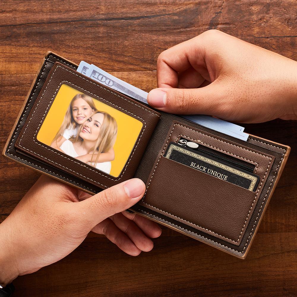 Detailed macro of engraved photograph on leather wallet showing crisp, non-peeling personalised engraving