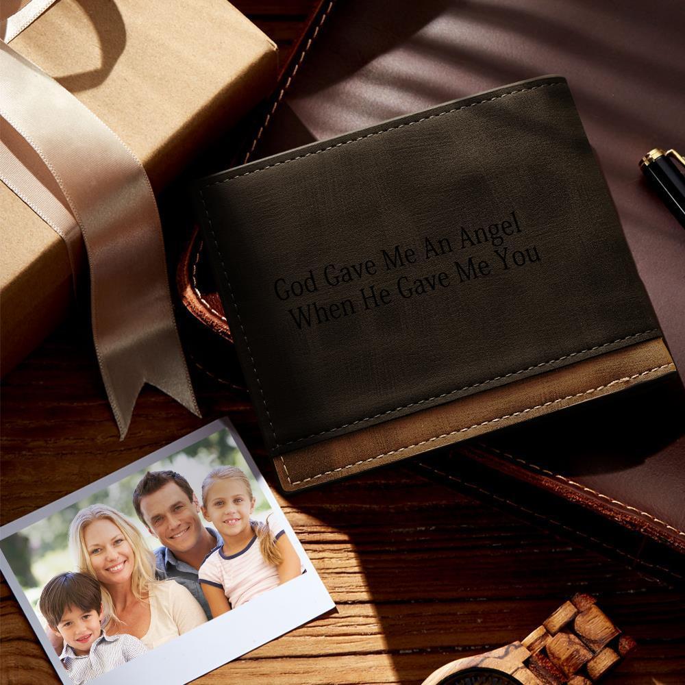 Lifestyle image of personalised photo engraved wallet placed on a desk, presenting a stylish keepsake gift for husband or son