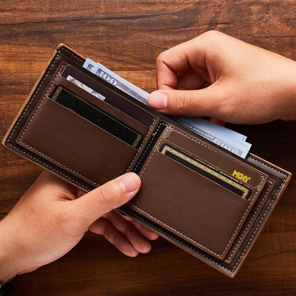 Personalised engraved wallet open with sample cards inserted to show capacity — ideal memorial or anniversary keepsake