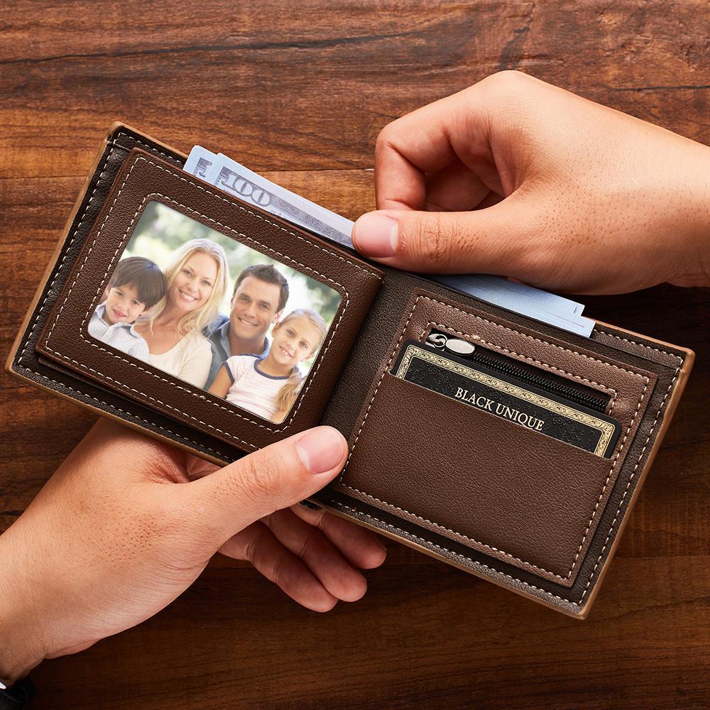 Close-up texture shot of leather and stitching on personalised photo engraved wallet, demonstrating quality craftsmanship