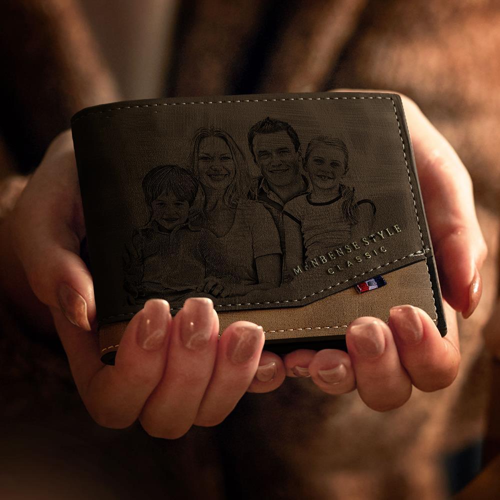 Angled close-up of personalised leather wallet showing engraved photo and fine edge stitching for a premium finish