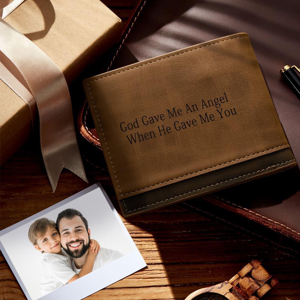 Personalised engraved bi-fold wallet photographed from above to show engraved photo placement and elegant detailing