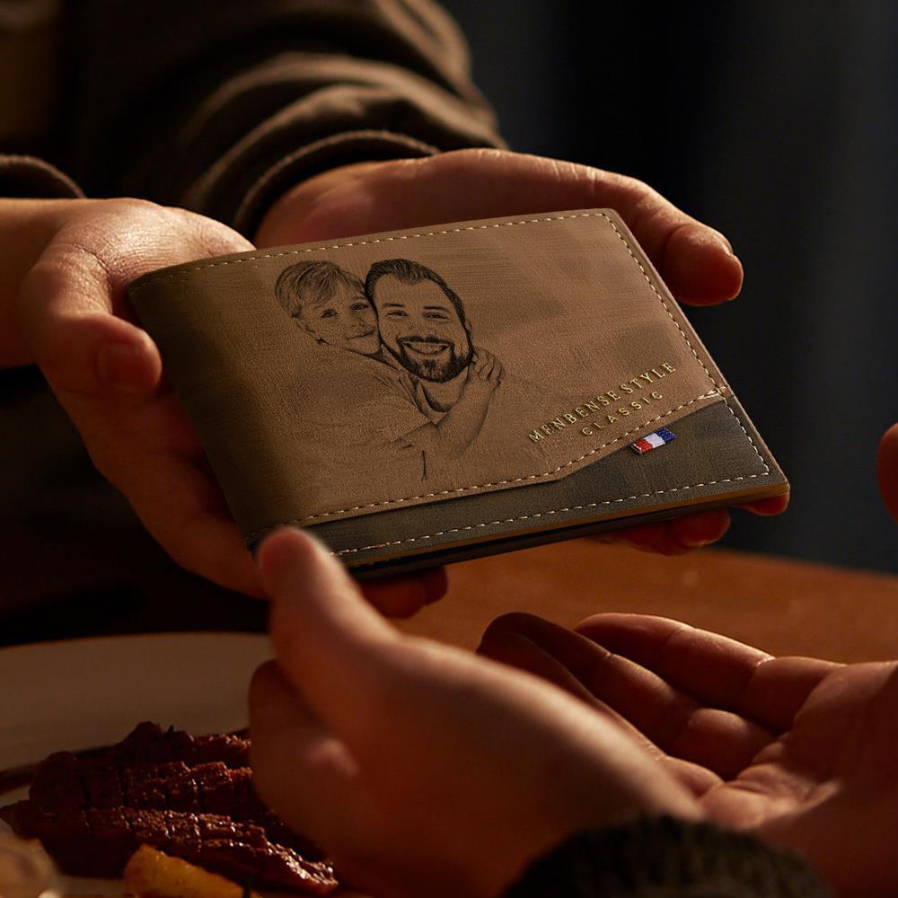 Gift-ready personalised photo engraved leather wallet presented flat — a thoughtful custom gift for Father’s Day or graduations