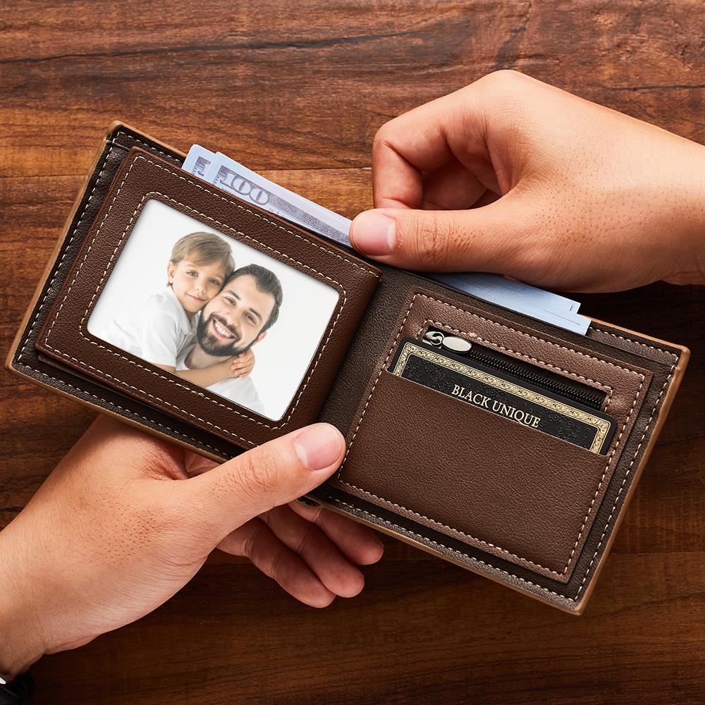 Stylish shot of personalised photo engraved wallet beside keys and a watch, illustrating everyday practicality and sentimental value