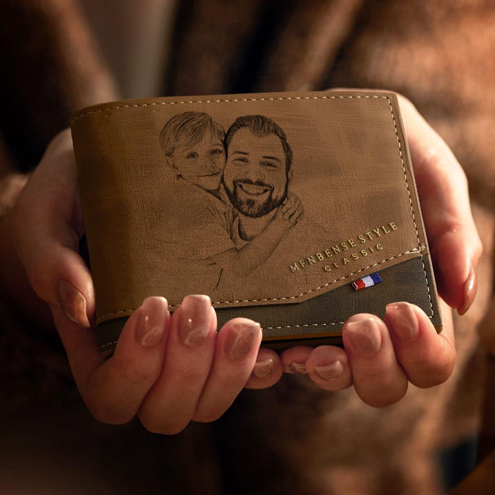 Personalised photo engraved wallet displayed open with notes and cards to highlight organisation features and durable leather build