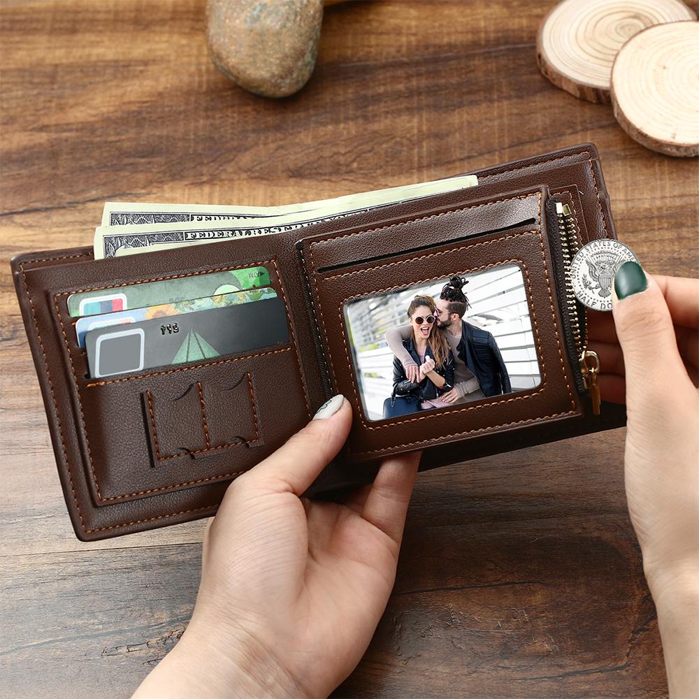 Personalised photo bifold wallet styled with everyday accessories, ideal personalised photo gift for him or her
