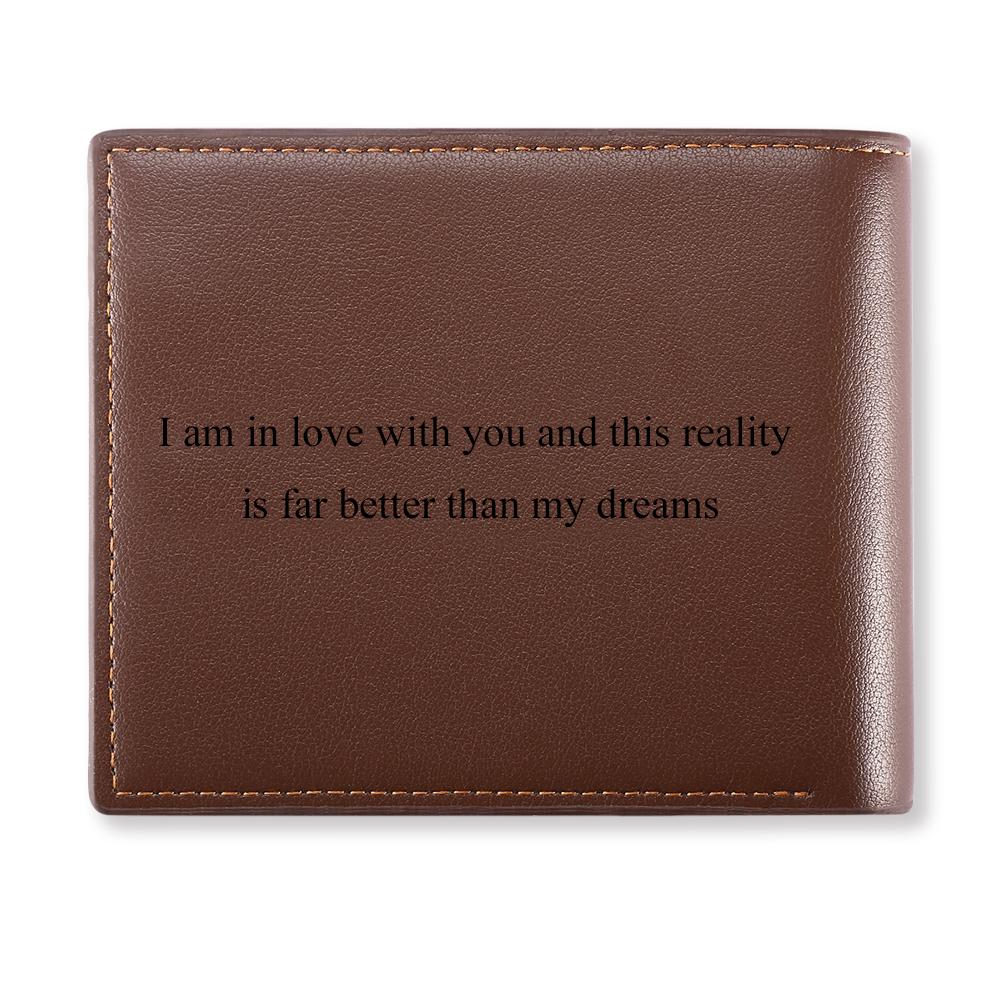 Open personalised wallet revealing photo placement on the exterior and organised interior card slots for a custom photo wallet