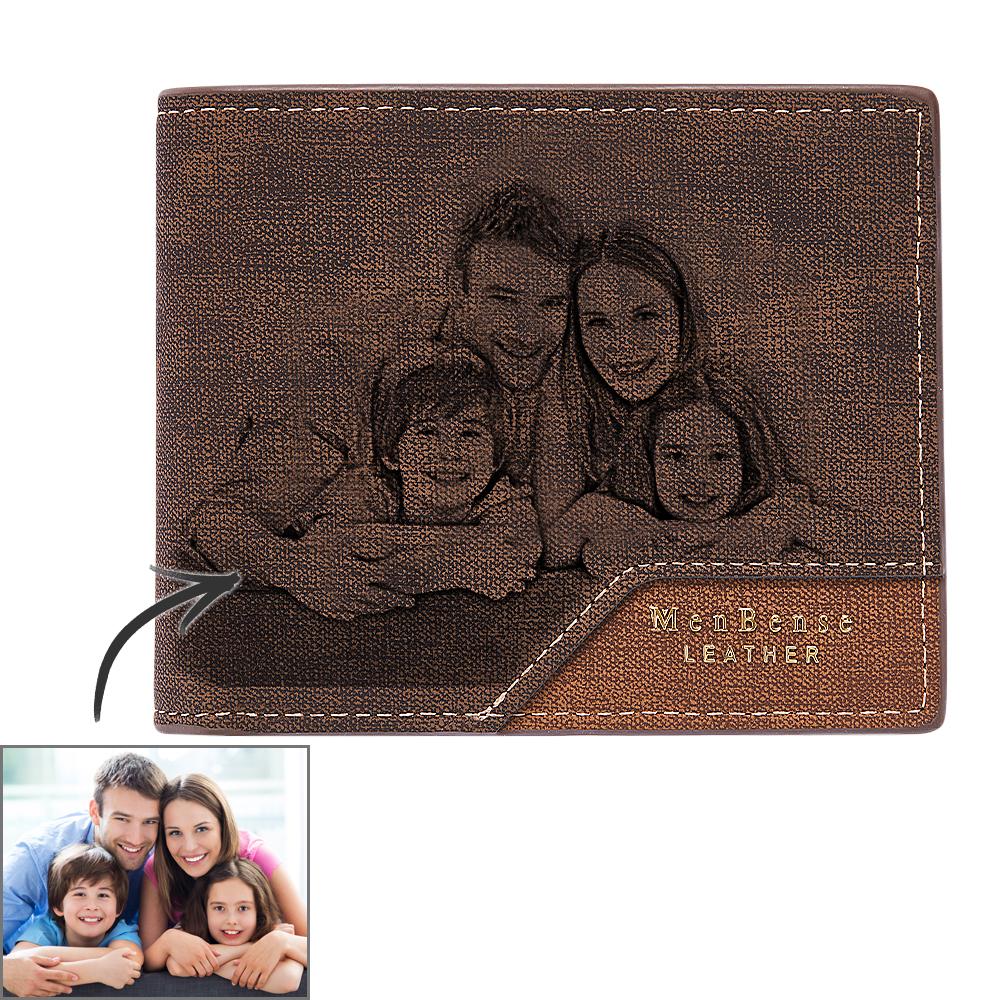 Personalised bronzed leather photo wallet front view with permanent high‑resolution photo print, compact custom wallet for men