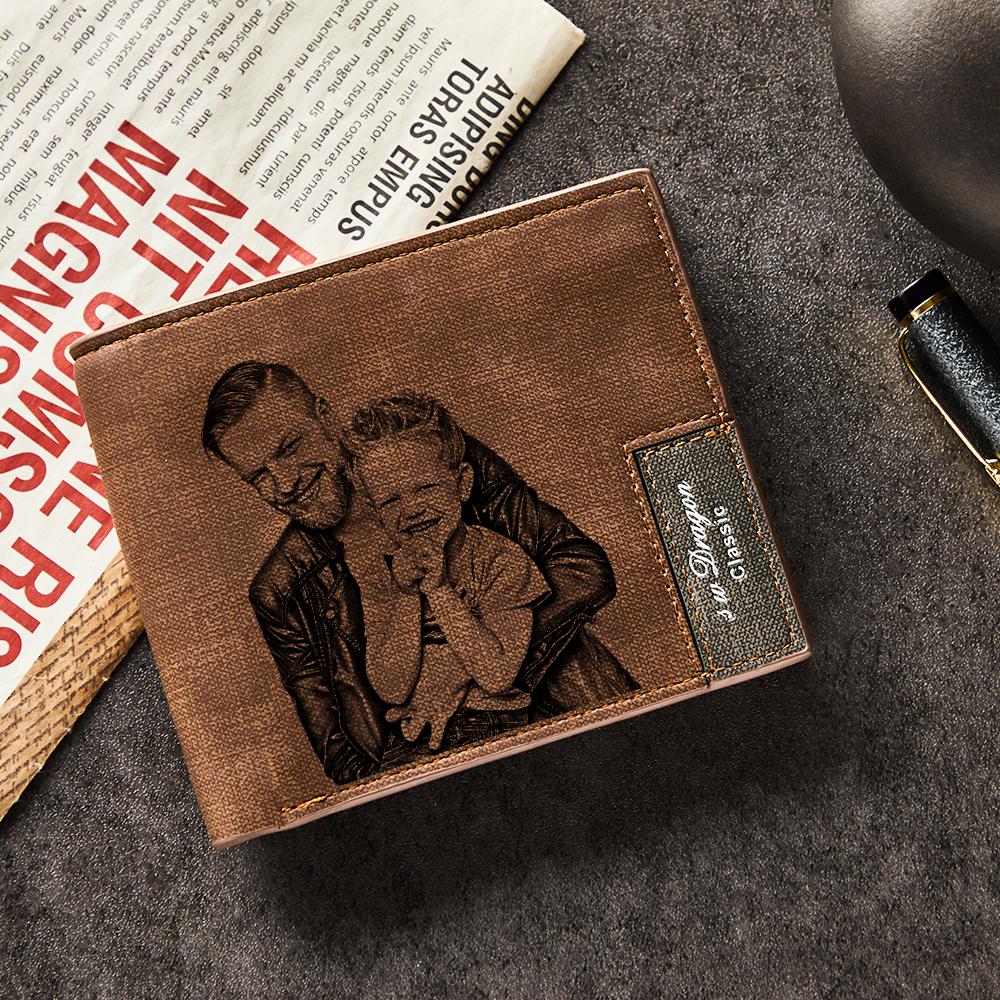 Open personalised leather wallet displaying cash compartments and secure card storage alongside photo engraving